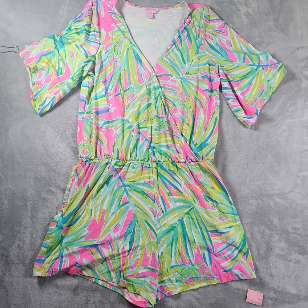 Lilly Pulitzer Madilyn Romper XL Tiki Pink Royal‎ Lime Leaf Resort Beach Preppy